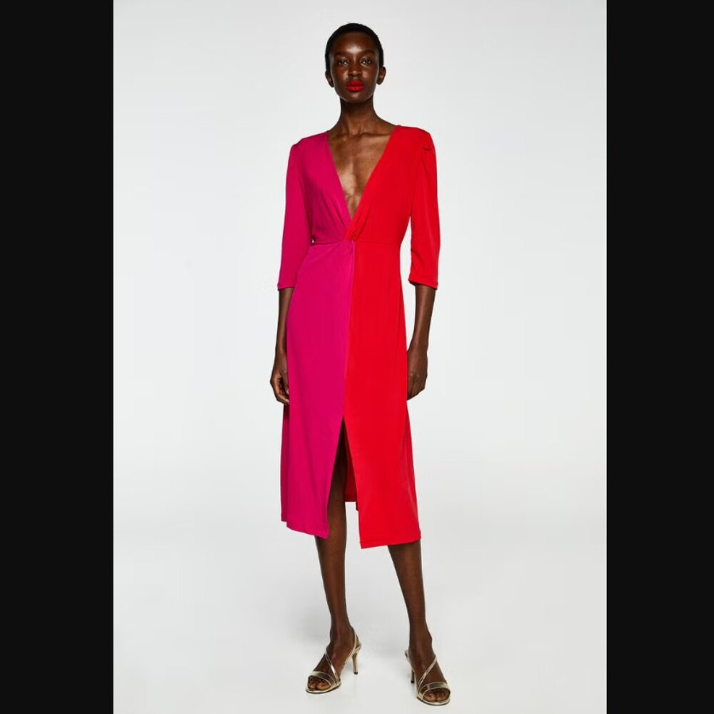 Sfera Collection Two-Tone Fuchsia Pink & Red Midi Dress Size Medium - Picture 2 of 14